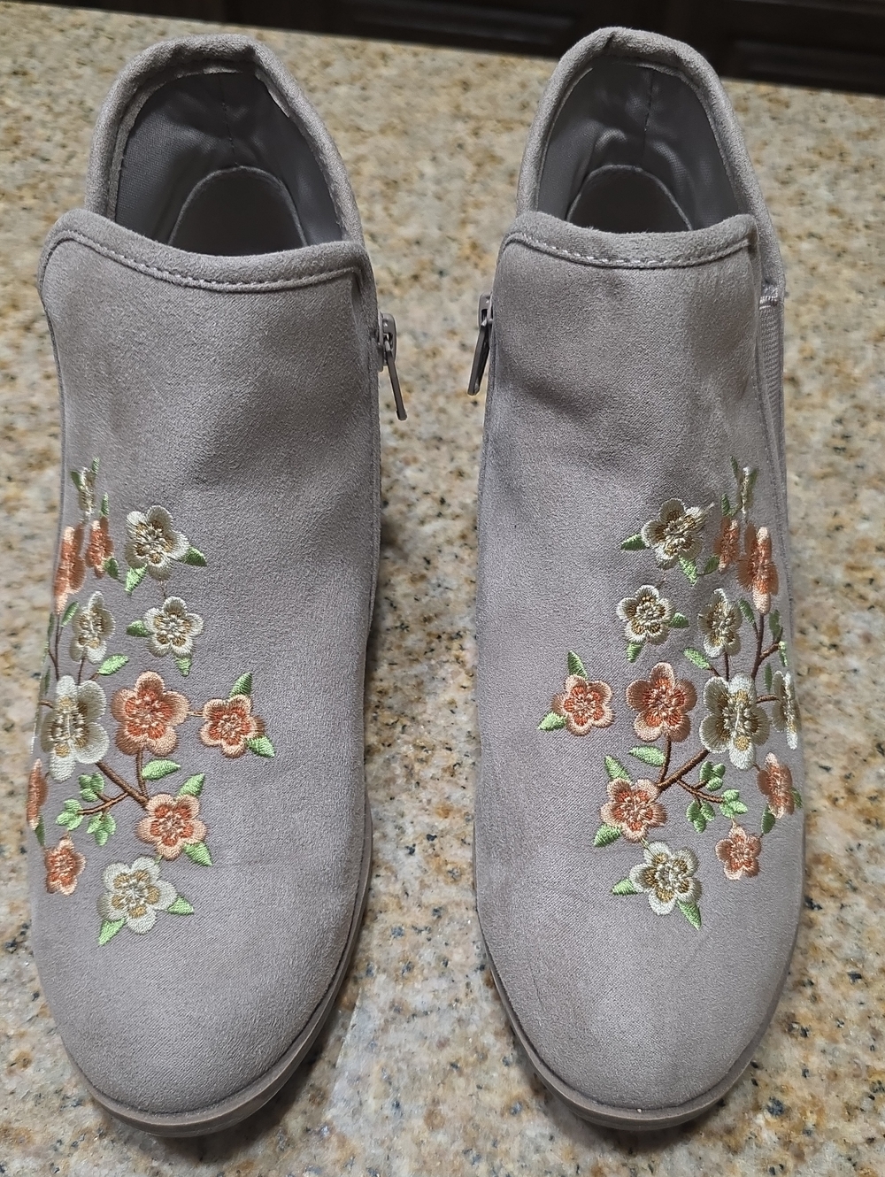 SO Gray Suede Embroidered Floral Anklet Boots
